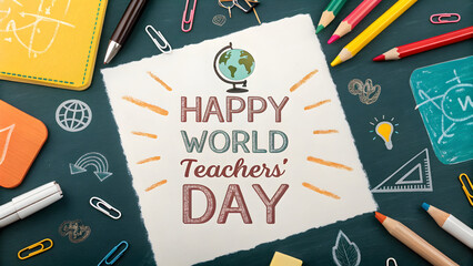 Happy world teachers' day celebration with colorful pencils paper clips and educational doodles on a dark green background perfect for school events and teacher appreciation posts and social media