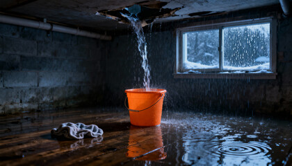 Water leak from ceiling in a dark basement, flooding the wooden floor. Water damage concept for home insurance, emergency repair, and plumbing problems during a winter storm.