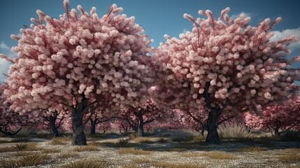 Fototapeta premium Lush pink blossoms in a sunlit grove