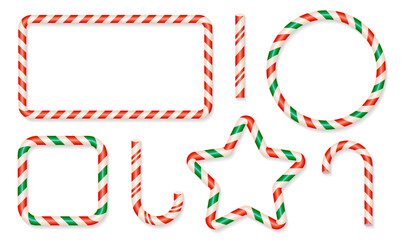 Obraz na płótnie Canvas Set of Christmas 3d candy cane frames with red, green and white stripes. Striped Christmas candycane shapes - rectangle, square, star, circle. New Year template with copy space. Vector illustration