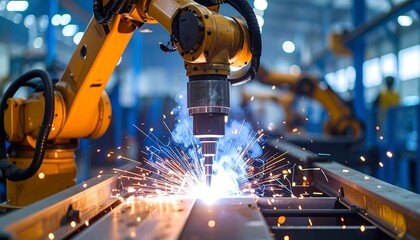 Fototapeta premium A robotic arm welds metal, creating sparks and blue light in a factory. Another arm can be seen in the background