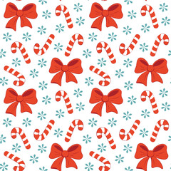 Seamless Christmas Pattern With Red Bows, Candy Canes and Snowflakes Repeat on White