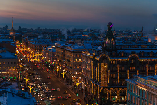 Aerial view of festively decorated Nevsky Prospect and the House of Books from the Dumskaya Tower.