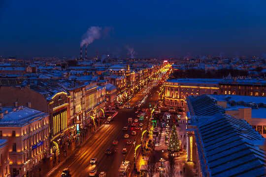 Aerial view of festively decorated Nevsky Prospect from the Dumskaya Tower.