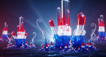 Crystals with dutch flag colors, abstract, futuristic, glowing, blue, red, white