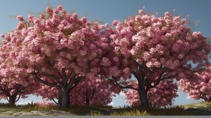 Fototapeta premium Lush pink cherry blossoms fill a landscape