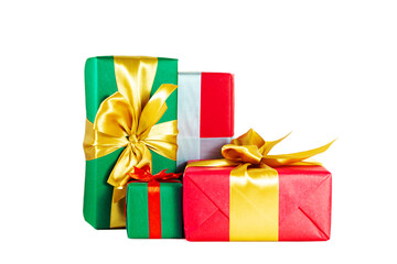Elegant green and red gift boxes with bows on a white background.