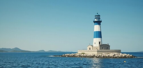 Ocean s Eye  Crisp Blue   White Lighthouse Scene   Bright Day, Serene Waters, Clean Lines, Tourist Destination Vibe
