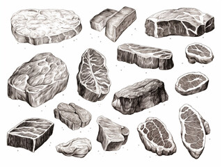 Set of pork steaks isolated on white. Hand drawing image. Meat eating. Sketch engraving style. Black and white, no people, ai