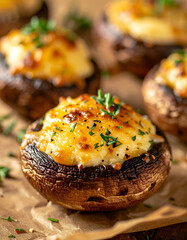 Golden-baked mushrooms filled with creamy cheese and herbs. Tasty food. Delicious meal.