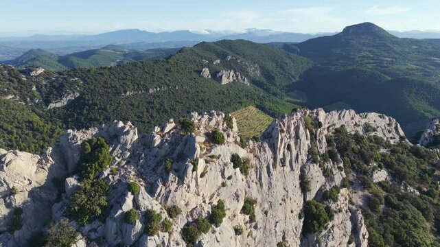 Aerial flyover above the Dentelles de Montmirail in Provence France at Le Mont Ventoux