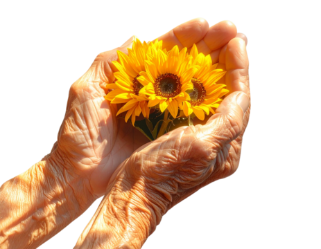  Elderly Hands Holding Sunflower Bunch, Top View Angle, Transparent PNG - Powered by Adobe