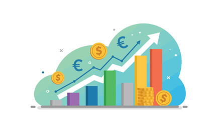 Illustrative financial growth chart showcasing dollar and euro currency symbols