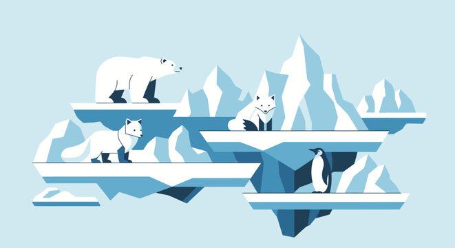 Arctic animals polar bear arctic fox penguin on icebergs.