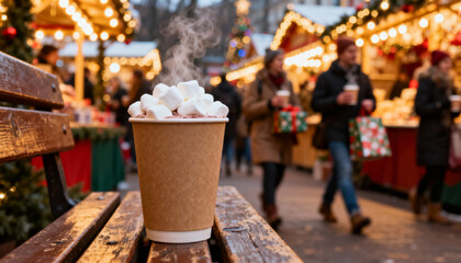 Hot chocolate with marshmallow in paper cup on a wooden bench at a Christmas market. Festive winter holiday scene with people, warm drink, steam and blurred bokeh lights.