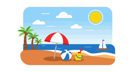 Obraz premium Beach scene with umbrella, ball, and bucket.