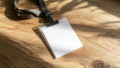 Blank ID Badge on Wooden Surface with Strap and Shadow, Ready for Personalization