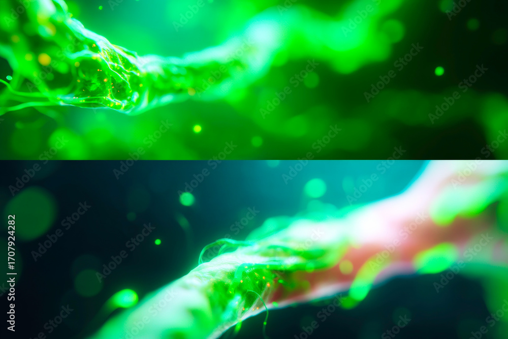Poster a dynamic abstract neural network visualization with powerful glowing green synapses