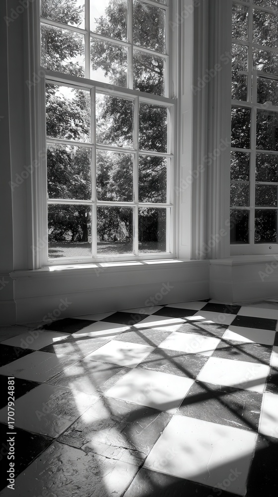 Poster sunlight streams through large windows onto a checkered floor in a bright room.