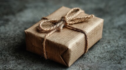 A small, rustic gift wrapped in brown paper and tied with twine, set on a textured surface.
