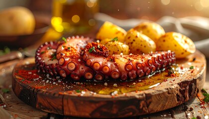 Grilled octopus tentacle with boiled potatoes seasoned with paprika on wooden board