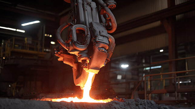 Molten metal being poured from industrial machinery in a factory setting
