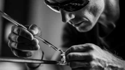 A craftsman carefully shaping molten glass using precision tools while wearing protective glasses in a dimly lit workshop