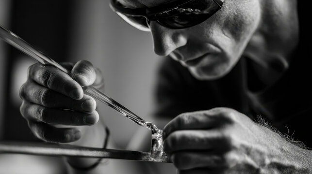 A craftsman carefully shaping molten glass using precision tools while wearing protective glasses in a dimly lit workshop