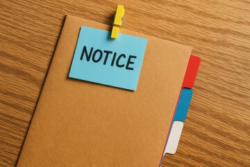 Important blue notice pinned securely to a tan business document folder on a clean wooden desk, providing essential information for professional organization
