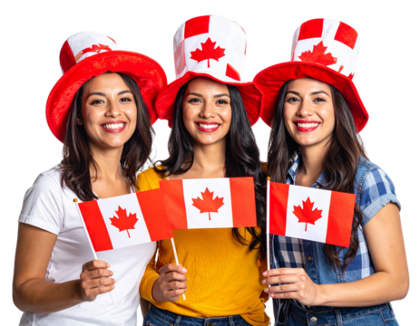 Group of Women Wearing Canada Day Hats and Holding Flags, Transparent PNG