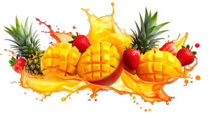Fruits, water, splashes, composition, freshness, tropical, juice, colorful, vibrant, isolated, PNG, white, citrus, mango, pineapple, strawberry, exotic, refreshing, healthy, appetizing, vitamin-rich, 