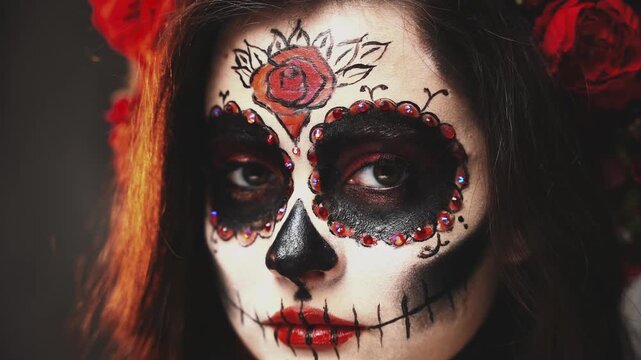 Close-up portrait woman sugar skull professional creative make-up on face eyes red lips roses white skin paint dark hair. Halloween makeup artist work holiday body art . Sexy Girl Kalavera day of dead
