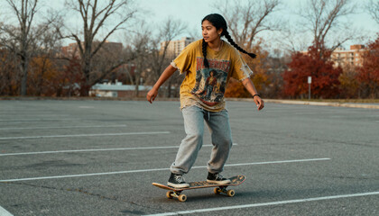 Cool indigenous skater girl with braided hair skateboarding in an urban parking lot. Young woman practicing on her board. Concept of youth lifestyle, freedom, and street culture.