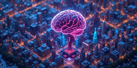 Perspective Intelligence  A Neon Brain, Rendered in Isometric View, Overseeing a Vibrant Cityscape.