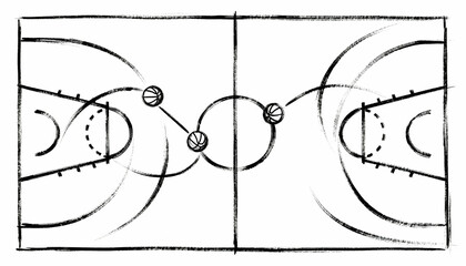 Basketball play tactics and game strategy drawn on a court diagram. Coaching scheme for offense or defense. Hand-drawn sport illustration showing ball movement and planning.