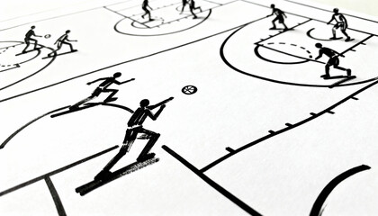 Basketball play tactics strategy drawn on a paper court. Coach board with game plan scheme. Concept of teamwork, coaching, competition, success, sports analytics and training.