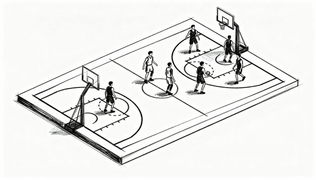 Basketball play tactics and strategy. Hand-drawn illustration of a game plan on a court. Coaching diagram for team offense or defense. Isometric view of a sports playbook sketch.