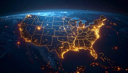 Satellite view of the United States at night, showing the illuminated network of city lights and glowing state borders from space