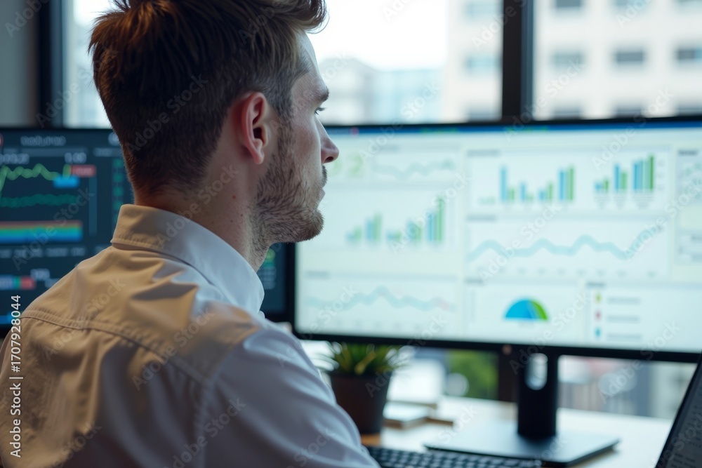 Aufkleber analyst analyzing graphs and data on computer screen