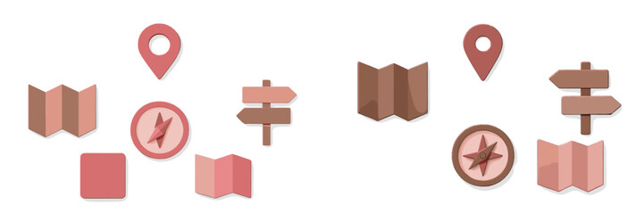 Essential navigation and travel symbols including folded maps, compasses, location markers, and wooden signposts