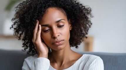 Woman with hand to head, likely expressing stress or thoughtfulness.