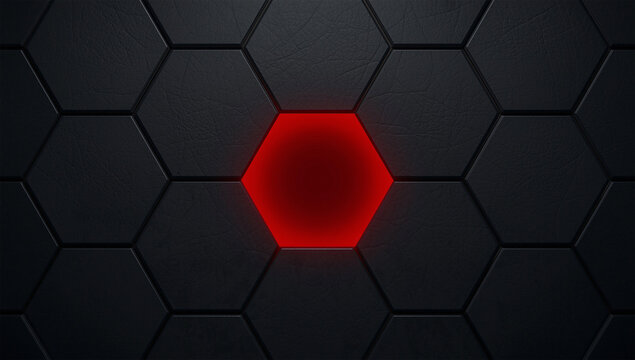 Dark hexagonal pattern with one glowing red hexagon at the center, creating a futuristic and high-tech feel
