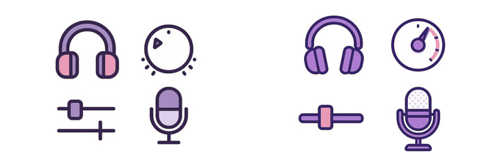 Set of modern audio equipment icons featuring headphones, microphone, sound equalizer, and music player controls