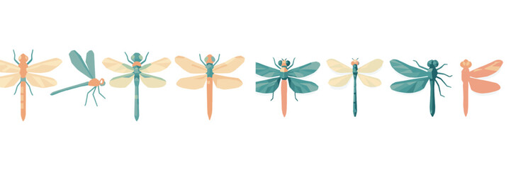 Diverse collection of colorful geometric dragonflies and damselflies in a modern polygonal design on a clean white background