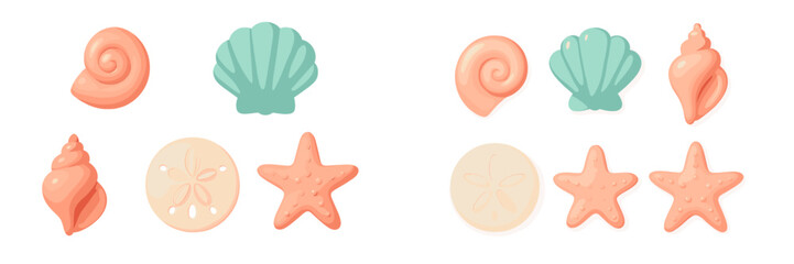 Obraz premium Assortment of pastel colored seashells, spiral shells, sand dollar, and starfish for ocean themed designs