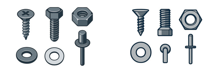 Set of essential metal fasteners for construction and DIY projects featuring various screws, bolts, nuts, washers, and rivets