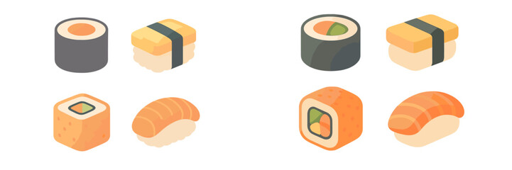 Collection of various traditional Japanese sushi and maki rolls including nigiri and uramaki in isometric view © icon_art