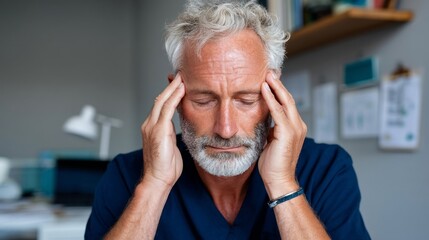 Man in white shirt touching head.