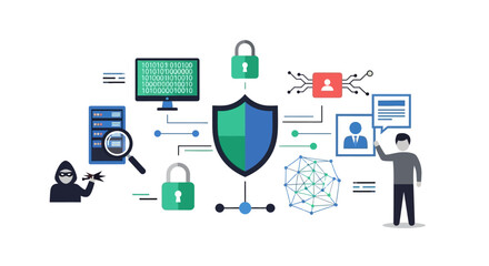 Cybersecurity and digital protection concept with shield and network.