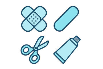 Essential medical first aid items including adhesive bandages, scissors, and an ointment tube for health